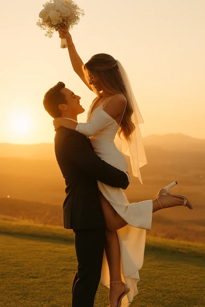 bride and groom posing for photo