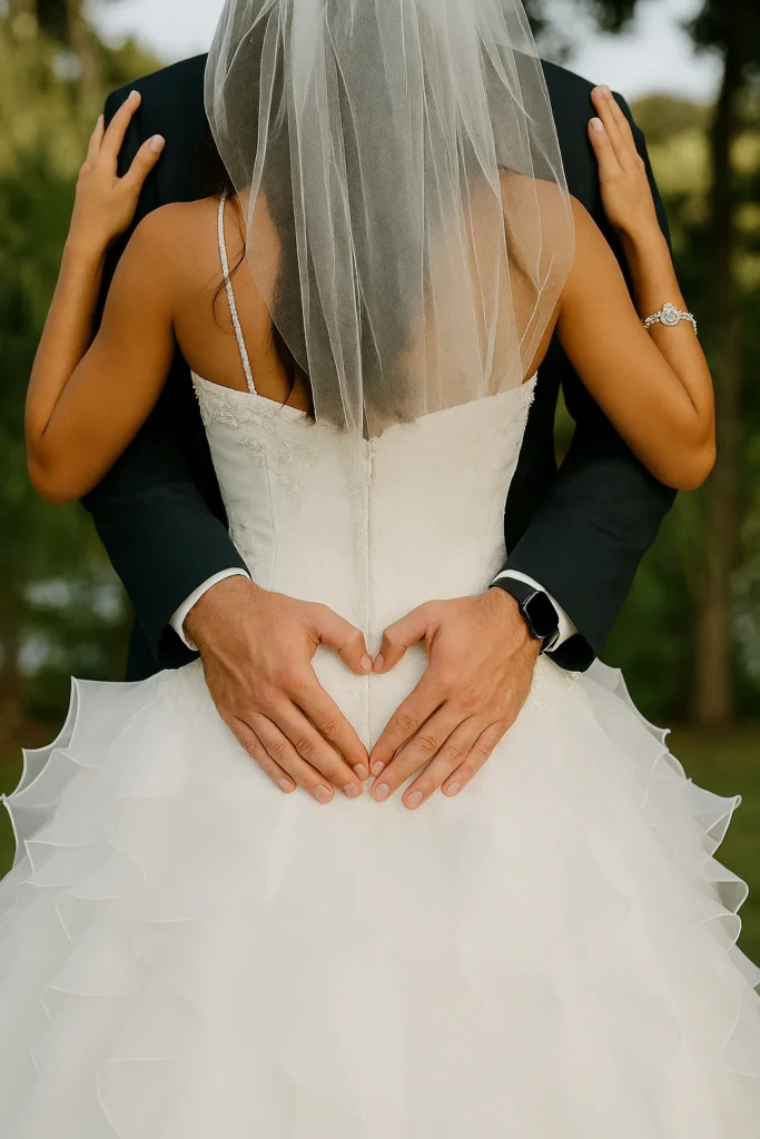 Bride and groom captured in a romantic pose.