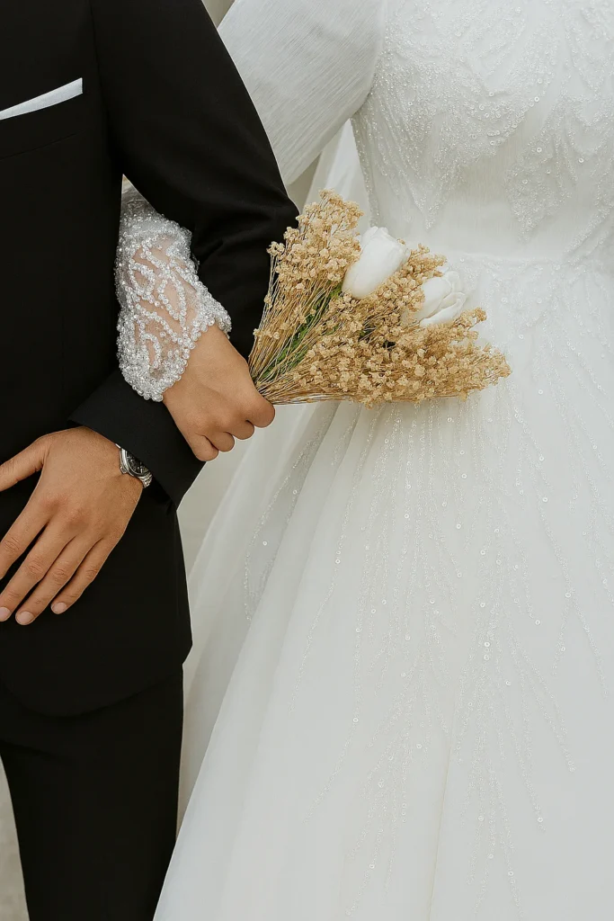 Bride and groom captured in a romantic pose.