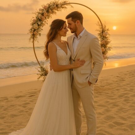 Destination wedding photography highlighting elegant attire and timeless wedding style