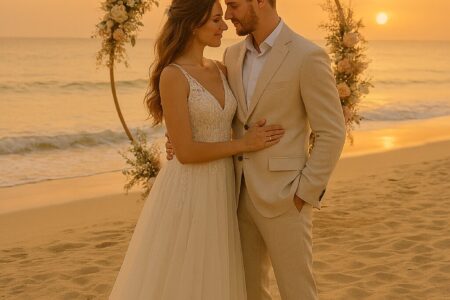 Destination wedding photography highlighting elegant attire and timeless wedding style
