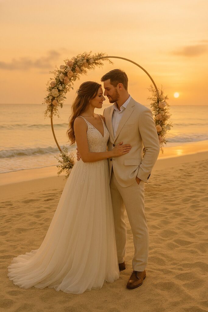 Romantic beach destination wedding ceremony setup with floral arch and ocean view 2025