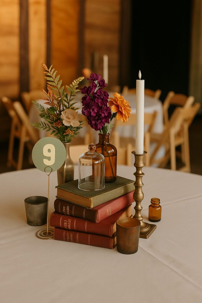 Rustic wedding centerpiece with natural elements, candles, and charming decorative details.