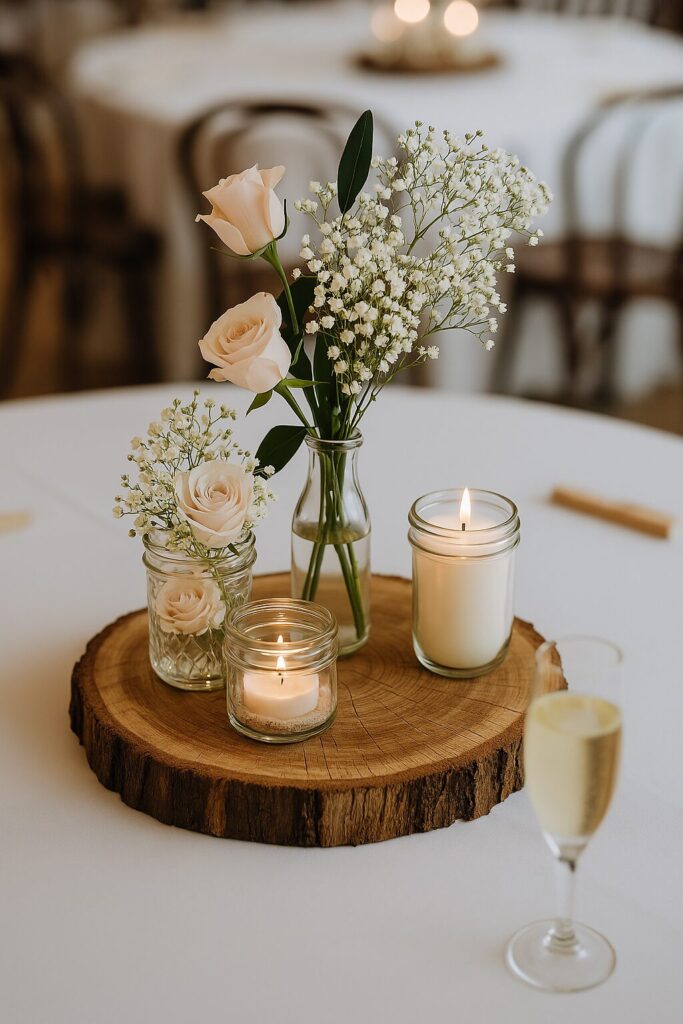 Rustic wedding centerpiece with natural elements, candles, and charming decorative details.