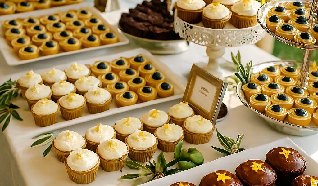 Elegant wedding dessert table featuring affordable yet stylish sweet treats, beautifully arranged to match a romantic wedding theme.