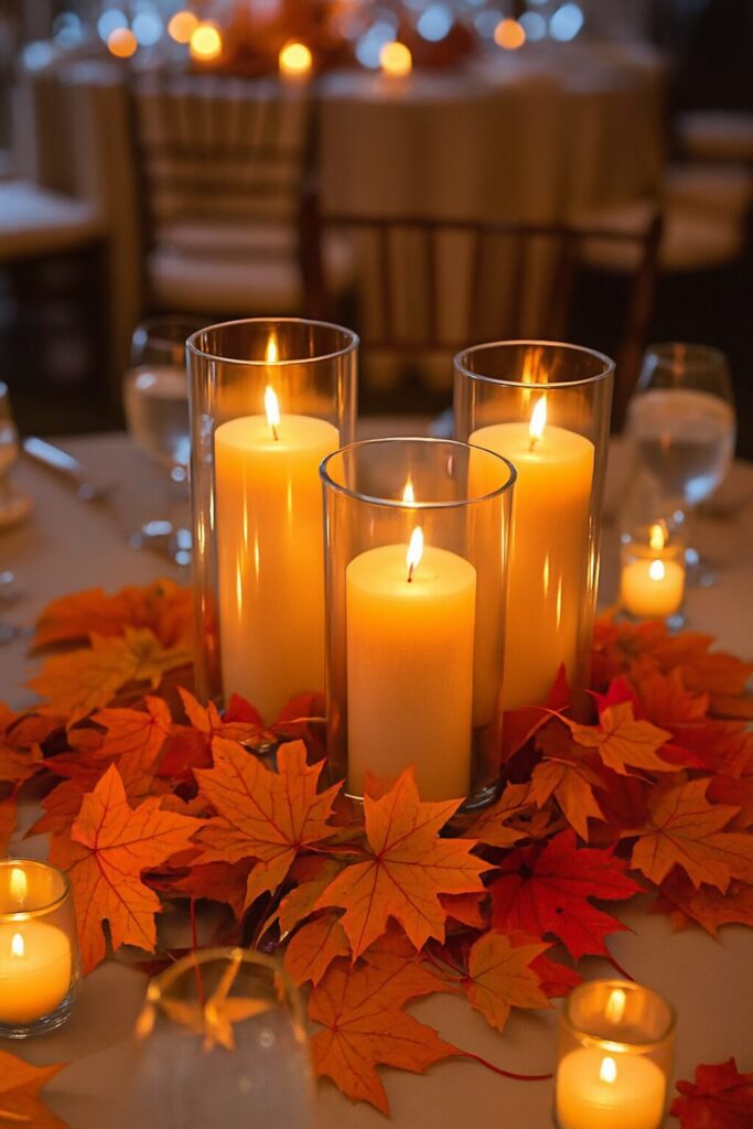 Rustic wedding centerpiece with natural elements, candles, and charming decorative details.