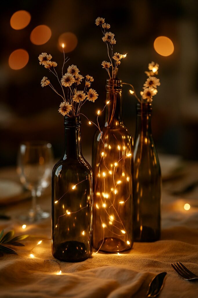 Rustic wedding centerpiece with natural elements, candles, and charming decorative details.