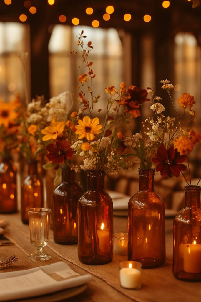 Rustic wedding centerpiece with natural elements, candles, and charming decorative details.