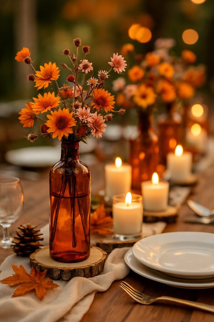 Rustic wedding centerpiece with natural elements, candles, and charming decorative details.