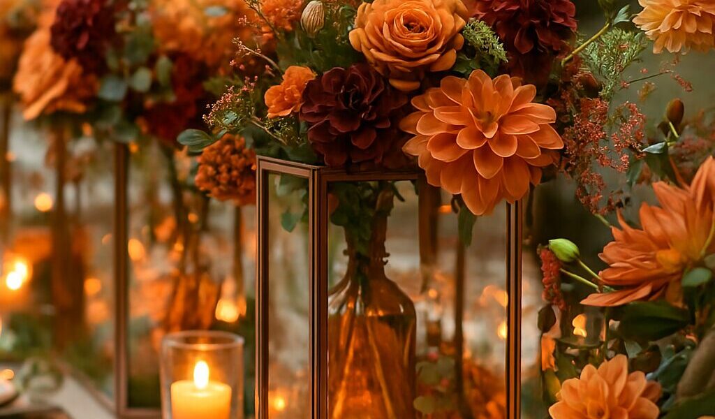 Rustic wedding centerpiece with natural elements, candles, and charming decorative details.