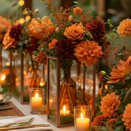 Rustic wedding centerpiece with natural elements, candles, and charming decorative details.