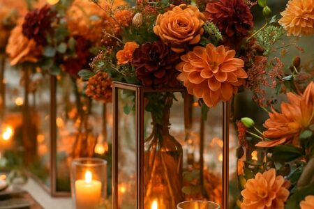 Rustic wedding centerpiece with natural elements, candles, and charming decorative details.