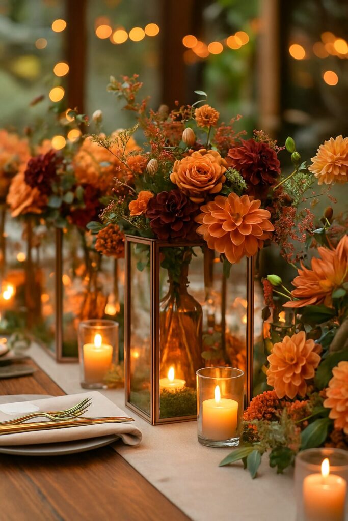 Rustic wedding centerpiece with natural elements, candles, and charming decorative details.