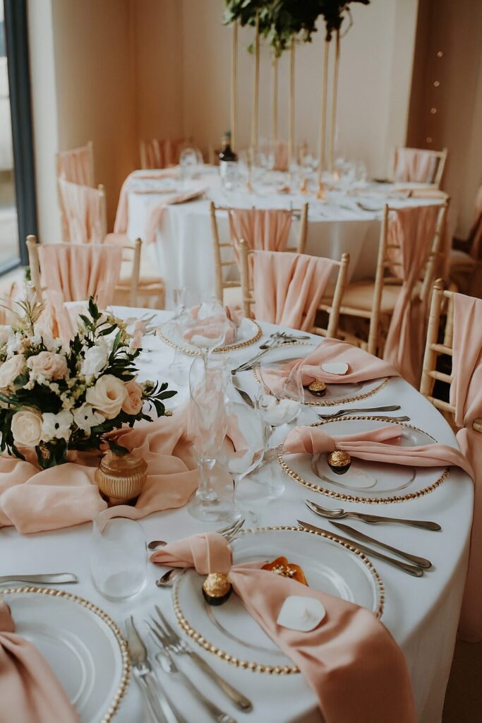 Elegant wedding setup with warm seasonal décor, cozy atmosphere, and romantic details inspired by autumn
