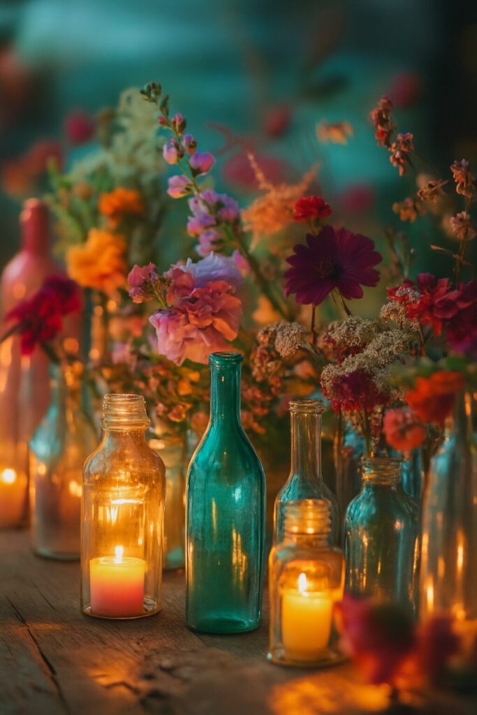 Beautiful wedding centerpiece with seasonal flowers and rustic autumn-inspired décor.