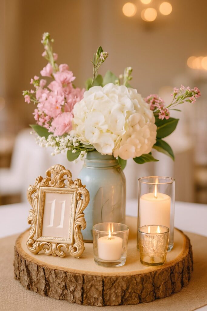 Beautiful wedding centerpiece with seasonal flowers and rustic autumn-inspired décor.