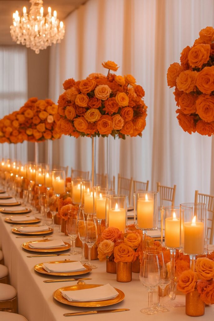 Elegant wedding setup with warm seasonal décor, cozy atmosphere, and romantic details inspired by autumn