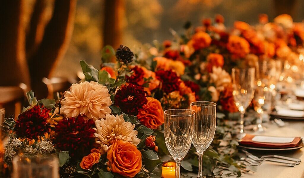 Elegant wedding setup with warm seasonal décor, cozy atmosphere, and romantic details inspired by autumn