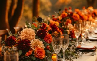 Elegant wedding setup with warm seasonal décor, cozy atmosphere, and romantic details inspired by autumn