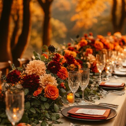 Elegant wedding setup with warm seasonal décor, cozy atmosphere, and romantic details inspired by autumn