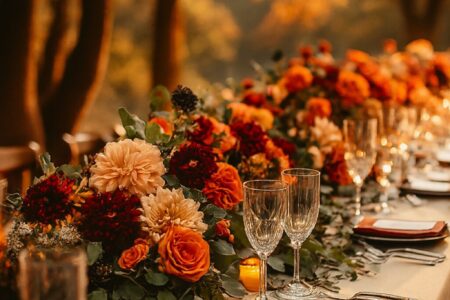 Elegant wedding setup with warm seasonal décor, cozy atmosphere, and romantic details inspired by autumn