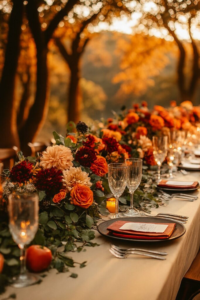 Elegant wedding setup with warm seasonal décor, cozy atmosphere, and romantic details inspired by autumn