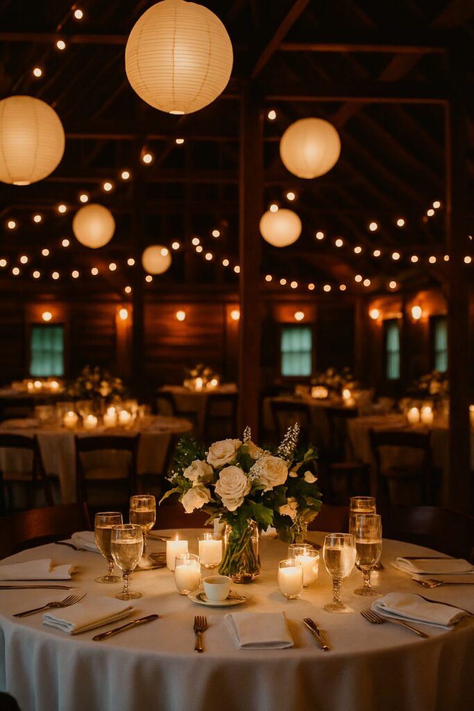 Elegant wedding setup with warm seasonal décor, cozy atmosphere, and romantic details inspired by autumn