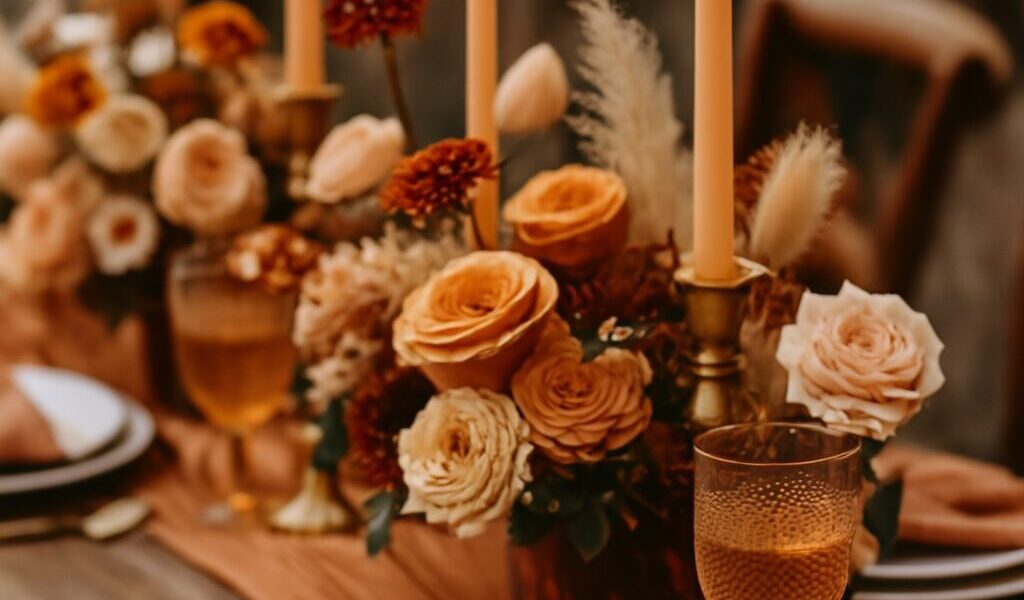 Beautiful wedding theme with seasonal flowers and rustic autumn-inspired décor.