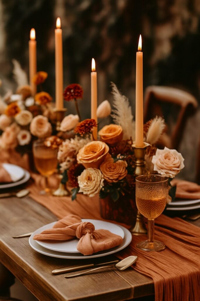Elegant wedding setup with warm seasonal décor, cozy atmosphere, and romantic details inspired by autumn