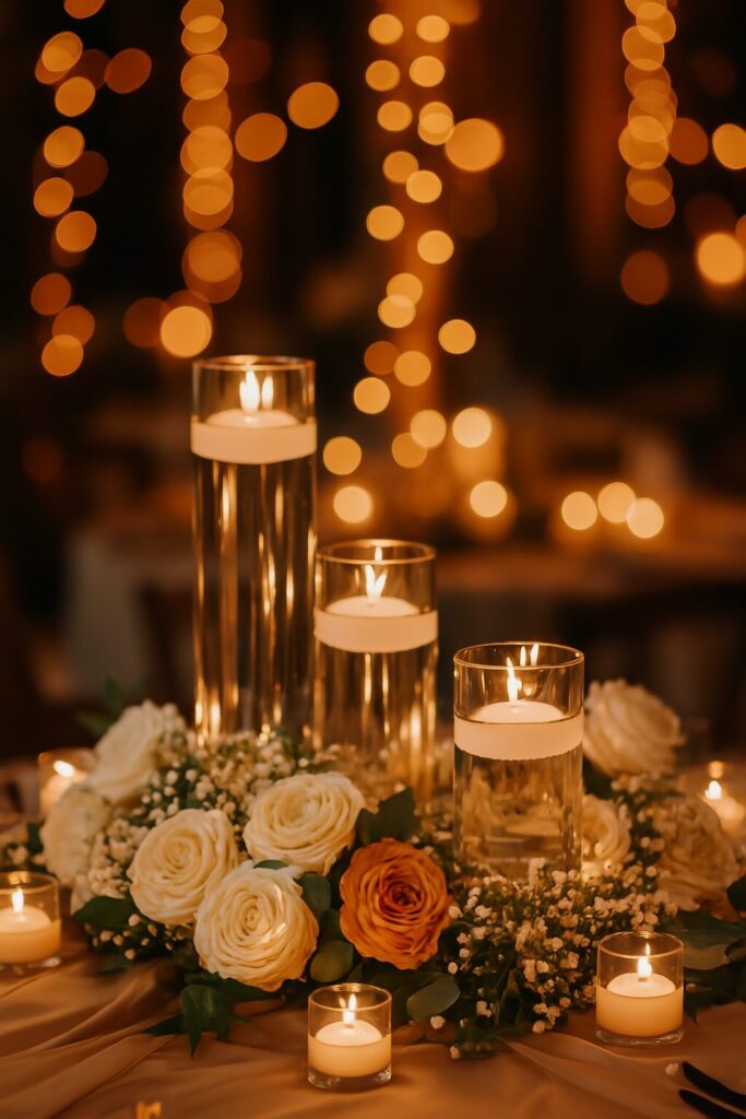 Beautiful wedding centerpiece with seasonal flowers and rustic autumn-inspired décor.