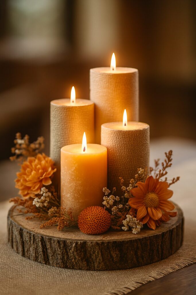 Beautiful wedding centerpiece with seasonal flowers and rustic autumn-inspired décor.