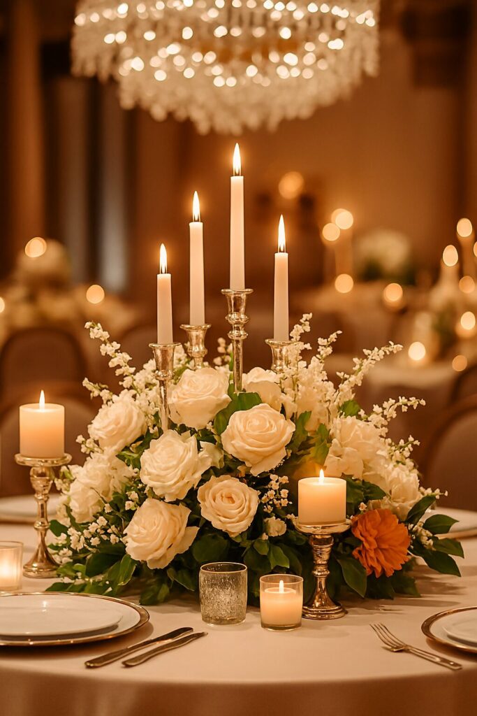 Beautiful wedding centerpiece with seasonal flowers and rustic autumn-inspired décor.