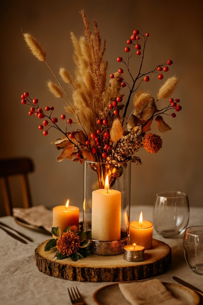 Beautiful wedding centerpiece with seasonal flowers and rustic autumn-inspired décor.