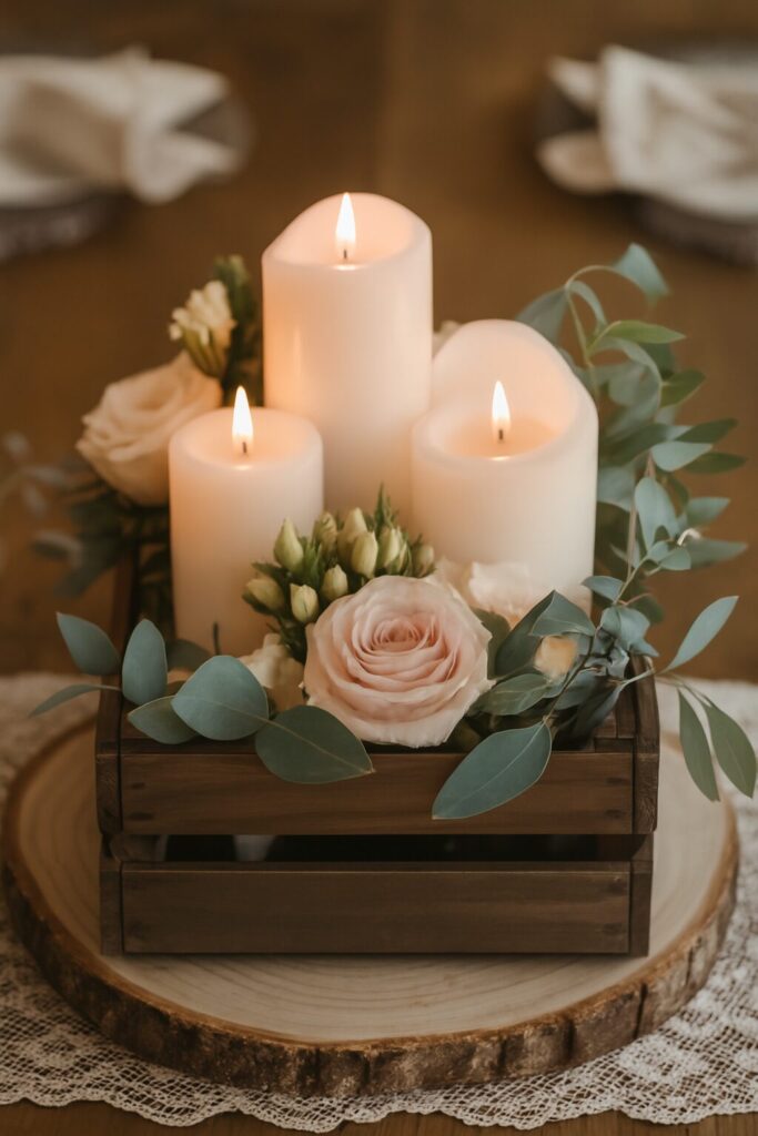 Beautiful wedding centerpiece with seasonal flowers and rustic autumn-inspired décor.