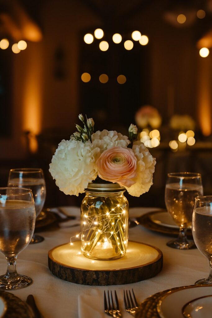 Beautiful wedding centerpiece with seasonal flowers and rustic autumn-inspired décor.