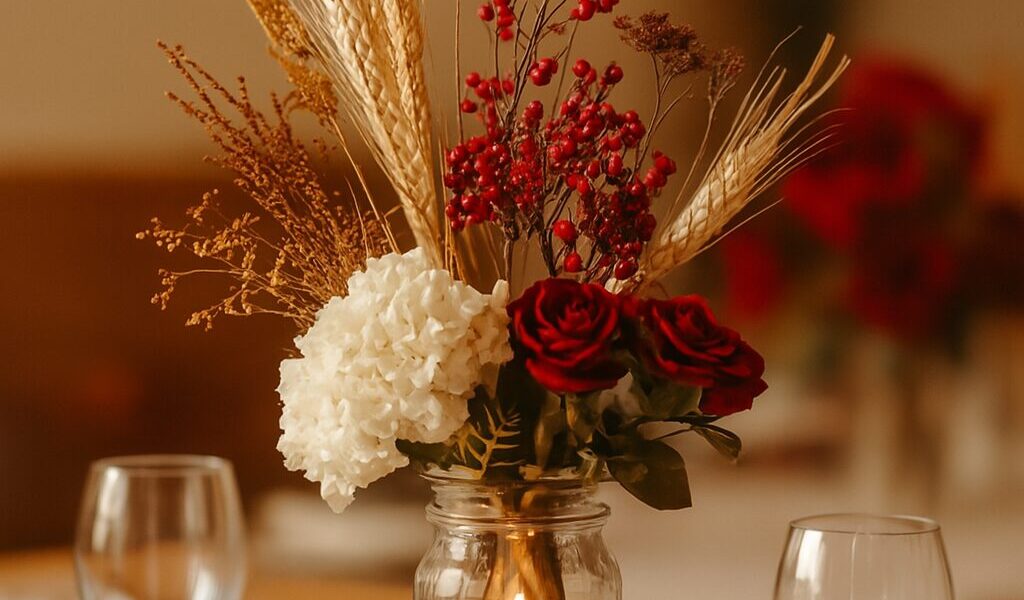 Beautiful wedding centerpiece with seasonal flowers and rustic autumn-inspired décor.