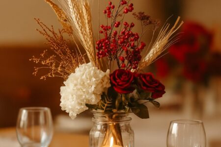 Beautiful wedding centerpiece with seasonal flowers and rustic autumn-inspired décor.