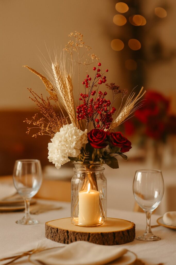 Beautiful wedding centerpiece with seasonal flowers and rustic autumn-inspired décor.