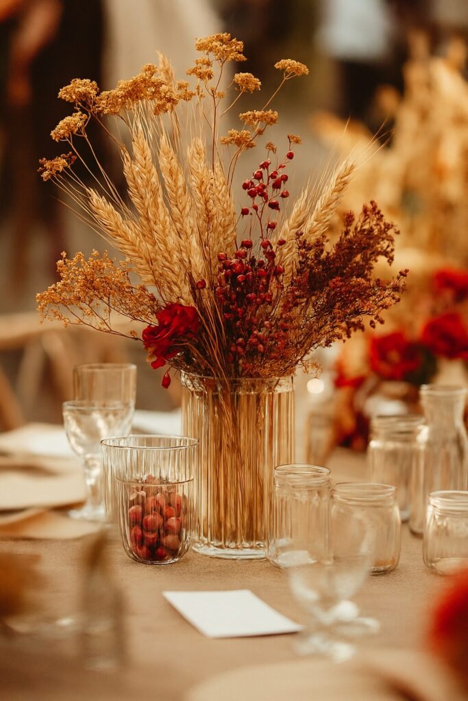 Beautiful wedding centerpiece with seasonal flowers and rustic autumn-inspired décor.