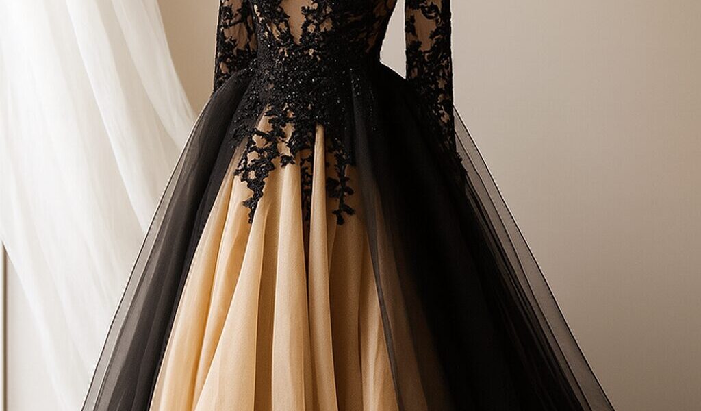 Bride wearing a stunning black wedding dress, styled with elegant accessories for a unique and modern bridal look.