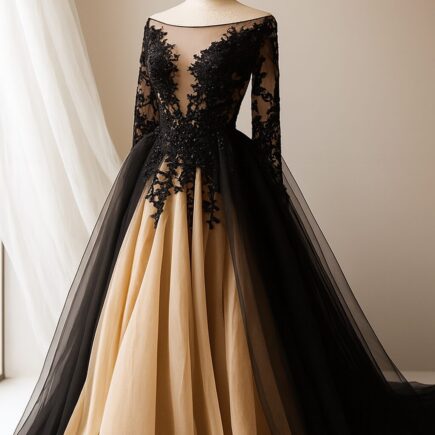 Bride wearing a stunning black wedding dress, styled with elegant accessories for a unique and modern bridal look.