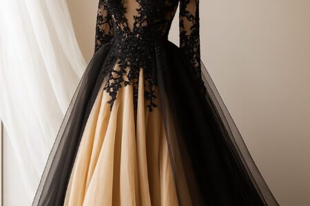 Bride wearing a stunning black wedding dress, styled with elegant accessories for a unique and modern bridal look.