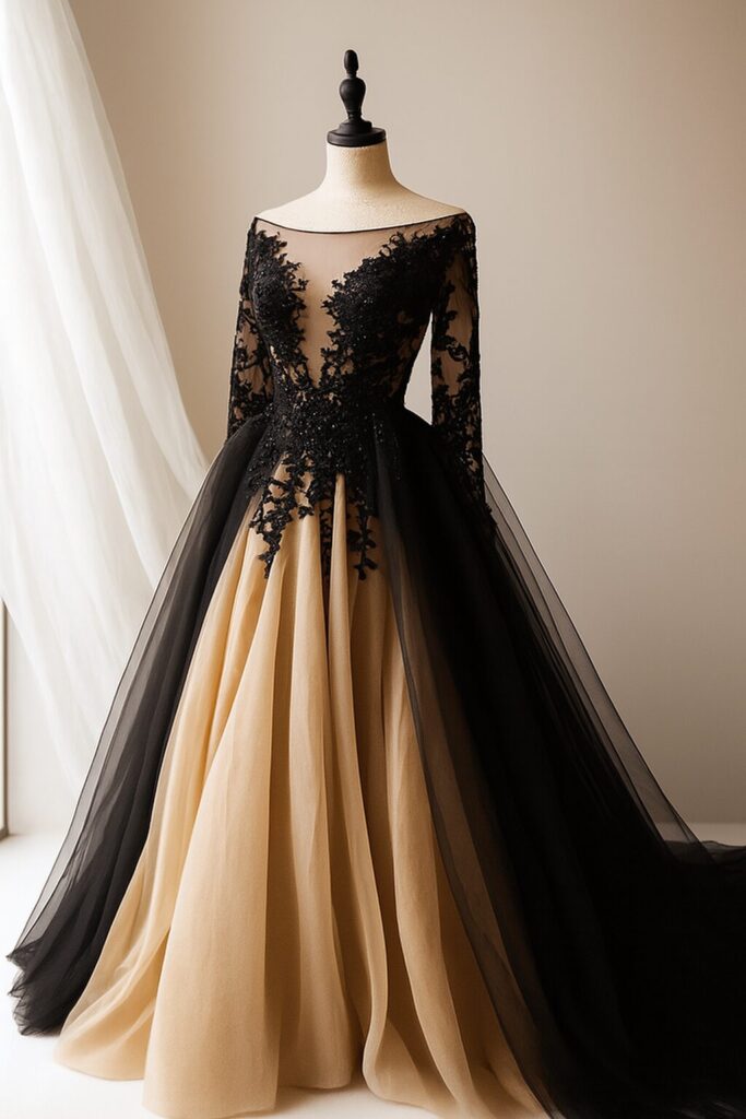 Bride wearing a stunning black wedding dress, styled with elegant accessories for a unique and modern bridal look.