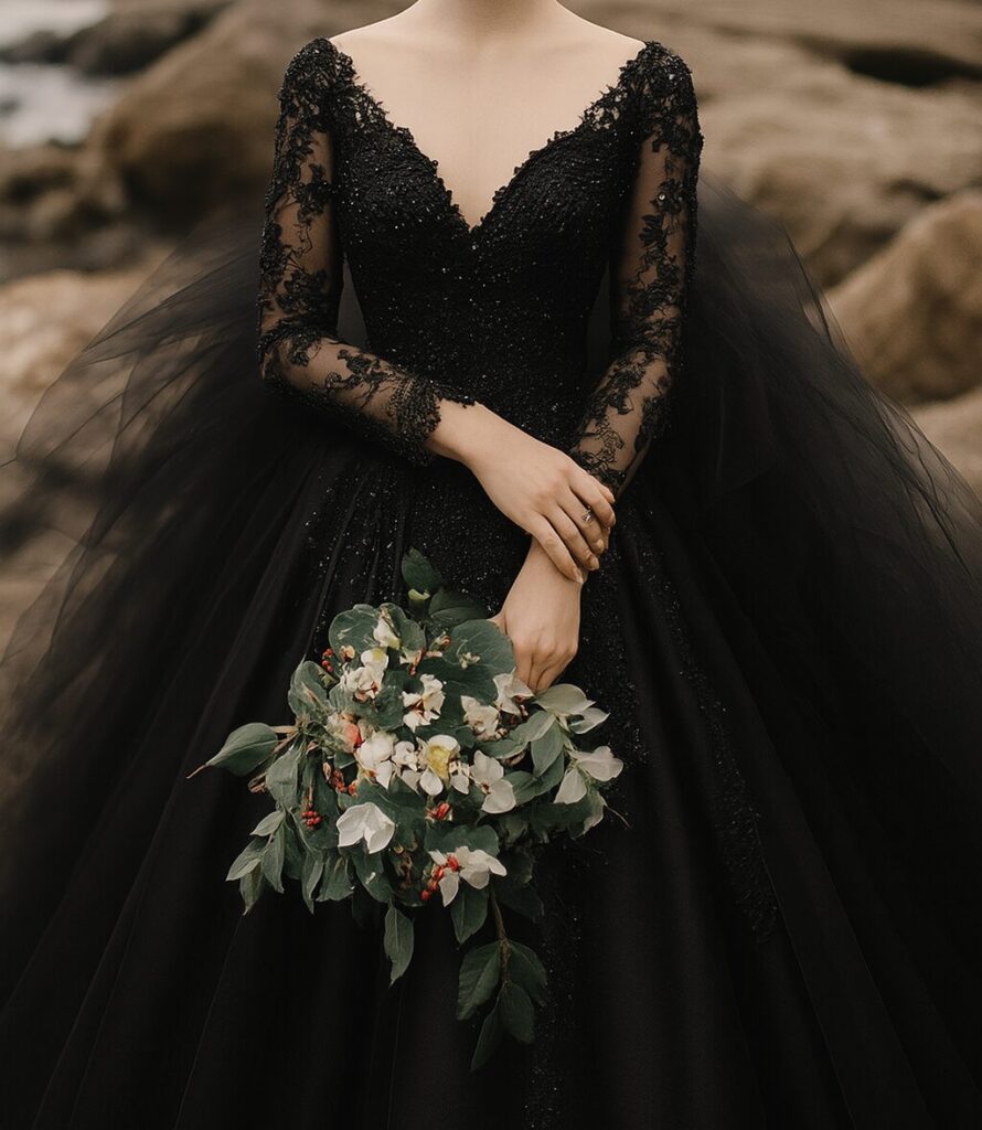 Bride wearing a stunning black wedding dress, styled with elegant accessories for a unique and modern bridal look.