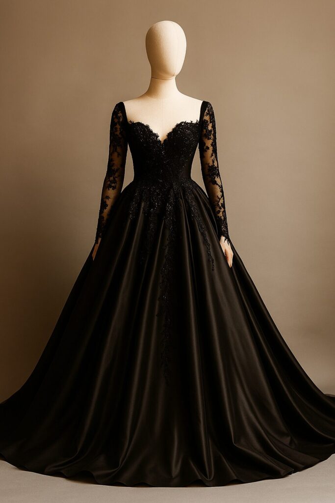Bride wearing a stunning black wedding dress, styled with elegant accessories for a unique and modern bridal look.