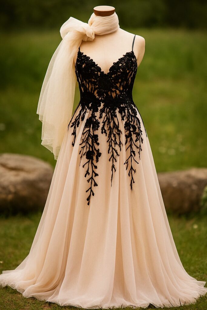 Bride wearing a stunning black wedding dress, styled with elegant accessories for a unique and modern bridal look.