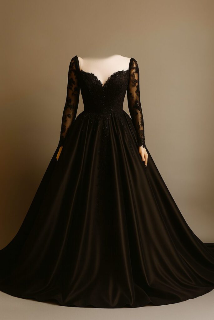 Bride wearing a stunning black wedding dress, styled with elegant accessories for a unique and modern bridal look.