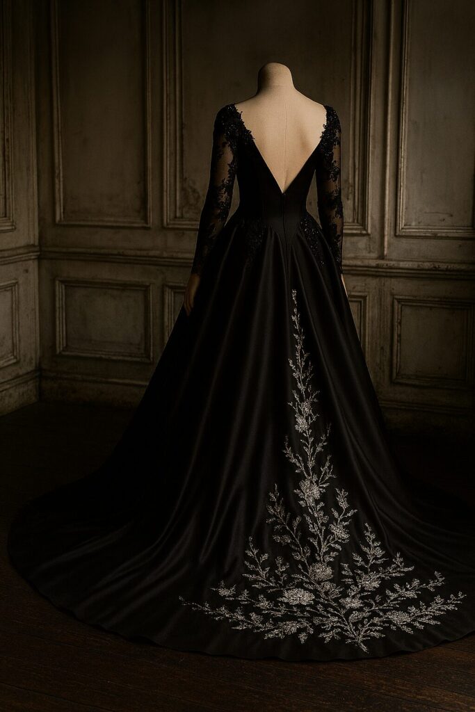 Bride wearing a stunning black wedding dress, styled with elegant accessories for a unique and modern bridal look.