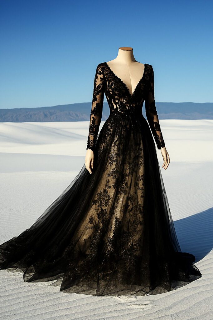Bride wearing a stunning black wedding dress, styled with elegant accessories for a unique and modern bridal look.