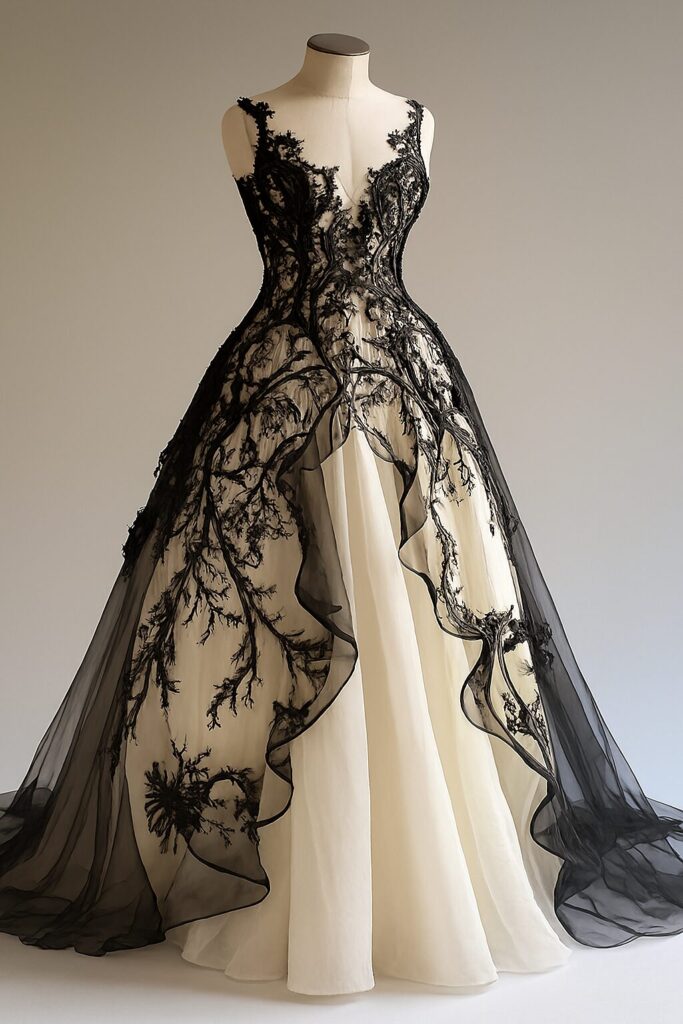 Bride wearing a stunning black wedding dress, styled with elegant accessories for a unique and modern bridal look.